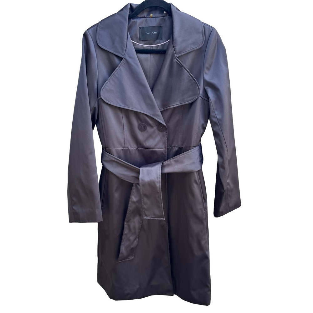 Tahari Minimalist Dark Academia Satin Finish Double Breasted Trench Coat Grey XS